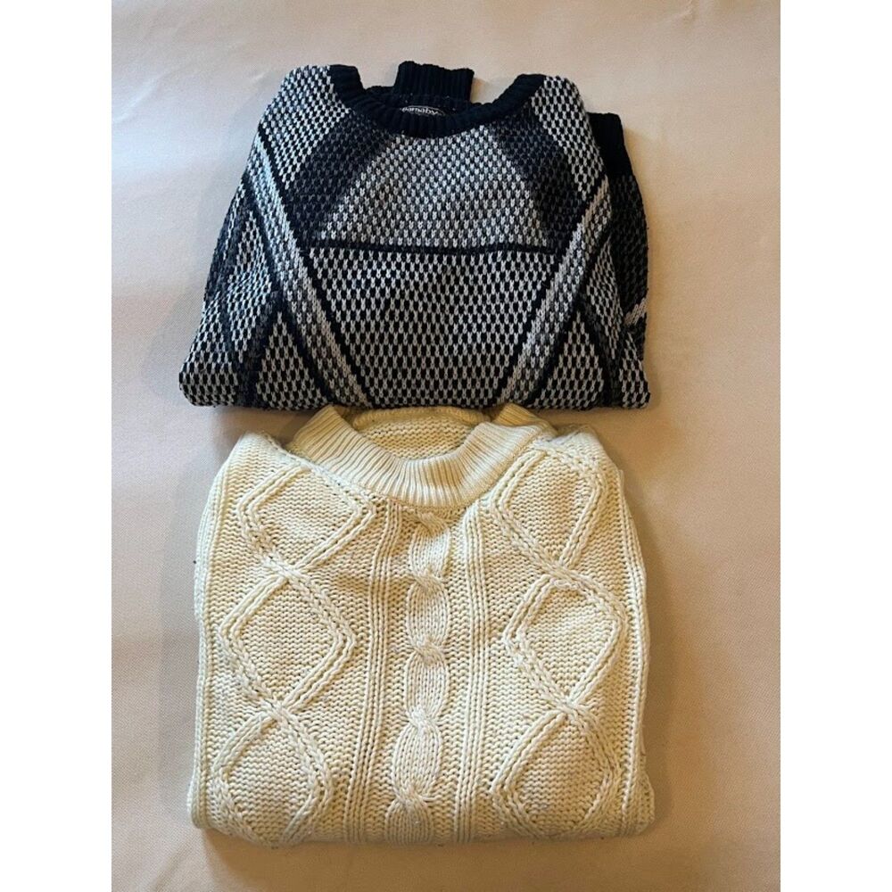 2 Vintage Sweaters - Black Mesh Pattern + White Cable Knit